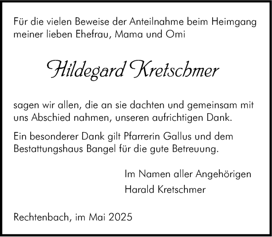 Traueranzeige von Hildegard Kretschmer von Wetzlarer Neue Zeitung