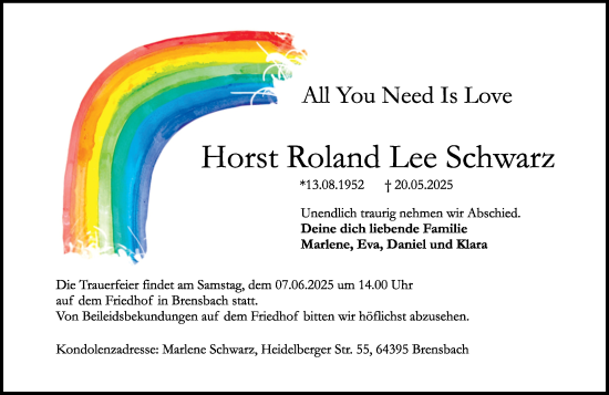 Traueranzeige von Horst Roland Lee Schwarz von Odenwälder Echo