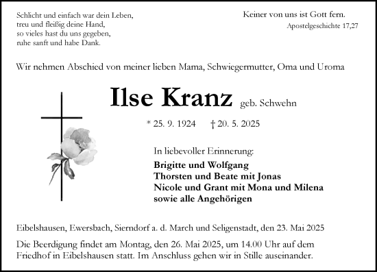 Traueranzeige von Ilse Kranz von Dill Block