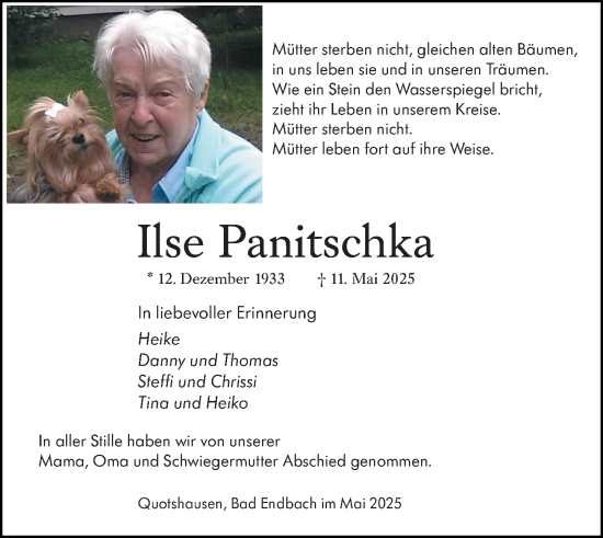 Traueranzeige von Ilse Panitschka von Hinterländer Anzeiger