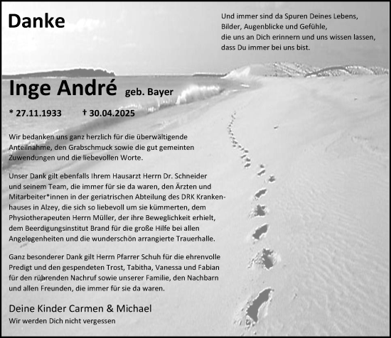 Traueranzeige von Inge Andre von Allgemeine Zeitung Alzey