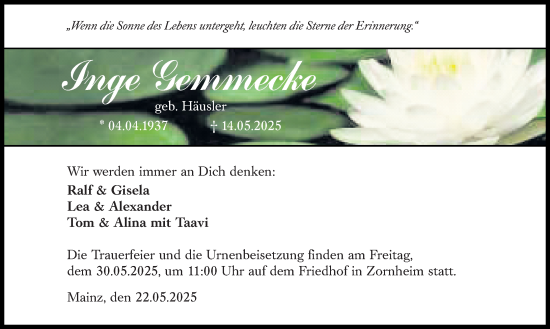 Traueranzeige von Inge Gemmecke von Allgemeine Zeitung Mainz