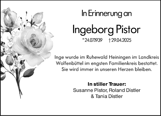Traueranzeige von Ingeborg Pistor von Dill Block