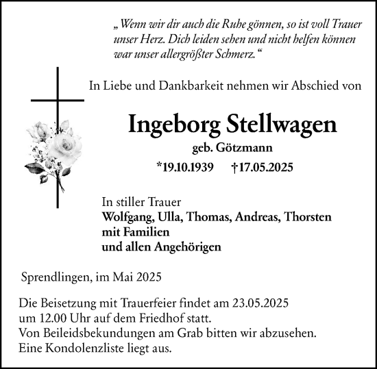 Traueranzeige von Ingeborg Stellwagen von Allgemeine Zeitung Rheinhessen-Nahe