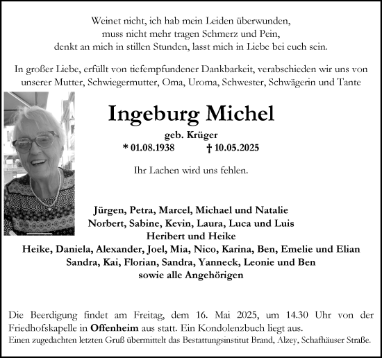 Traueranzeige von Ingeburg Michel von Allgemeine Zeitung Alzey