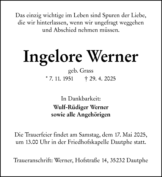 Traueranzeige von Ingelore Werner von Hinterländer Anzeiger