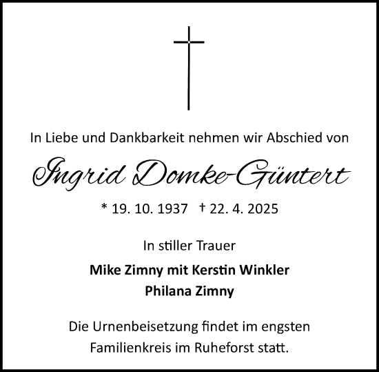 Traueranzeige von Ingrid Domke-Güntert von Odenwälder Echo