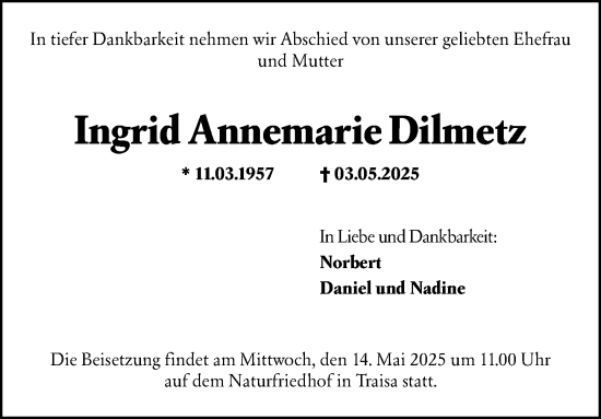 Traueranzeige von Ingrid Annemarie Dilmetz von Darmstädter Echo