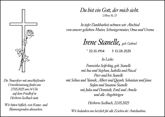 Traueranzeige von Irene Stanelle von Dill Block