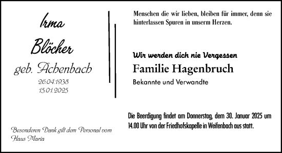 Traueranzeige von Irma Blöcher von Hinterländer Anzeiger