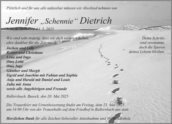 Traueranzeige von Jennifer Dietrich von Dill Block