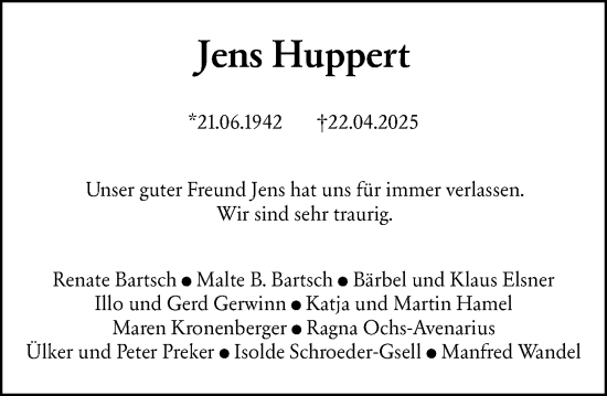 Traueranzeige von Jens Huppert von Allgemeine Zeitung Mainz