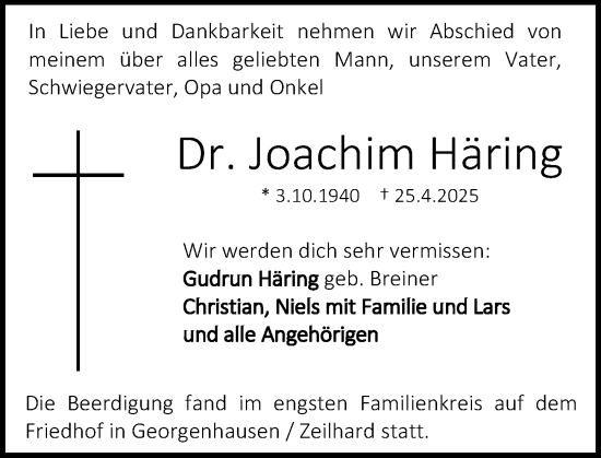 Traueranzeige von Joachim Häring von Darmstädter Echo