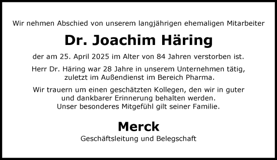 Traueranzeige von Joachim Häring von Darmstädter Echo