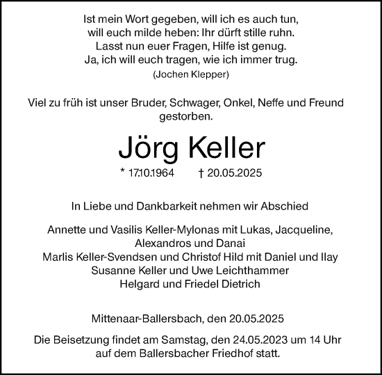 Traueranzeige von Jörg Keller von Dill Block