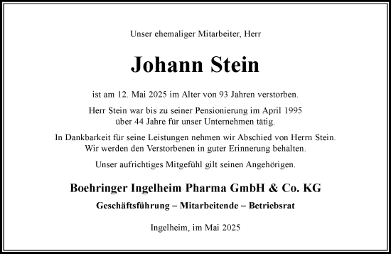 Traueranzeige von Johann Stein von Allgemeine Zeitung Rheinhessen-Nahe