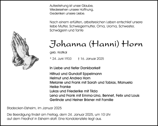 Traueranzeige von Johanna Horn von Allgemeine Zeitung Mainz