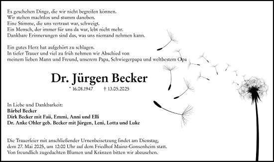 Traueranzeige von Jürgen Becker von Allgemeine Zeitung Mainz