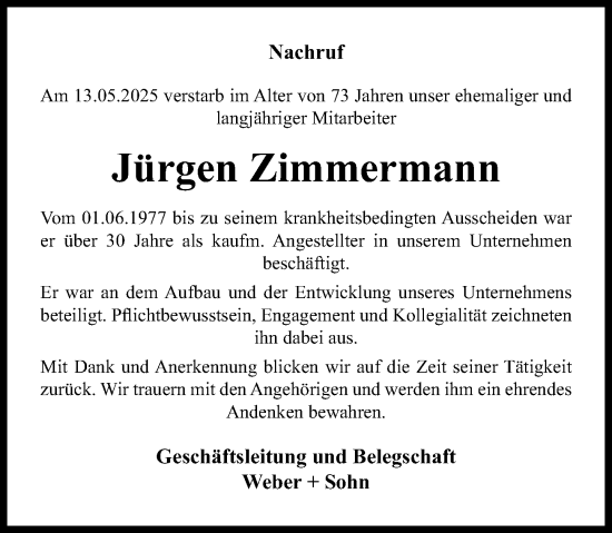 Traueranzeige von Jürgen Zimmermann von Dill Block