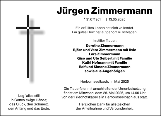 Traueranzeige von Jürgen Zimmermann von Dill Block