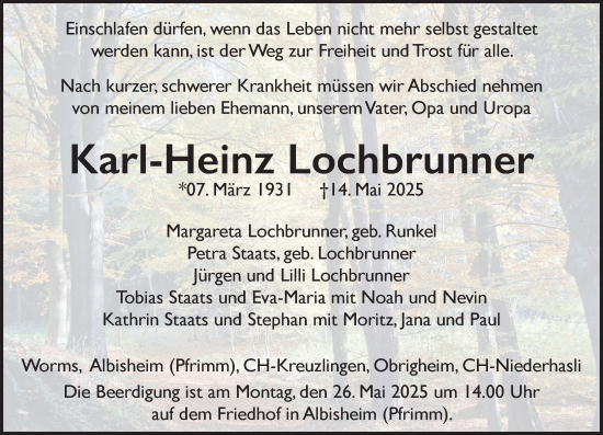 Traueranzeige von Karl-Heinz Lochbrunner von Wormser Zeitung