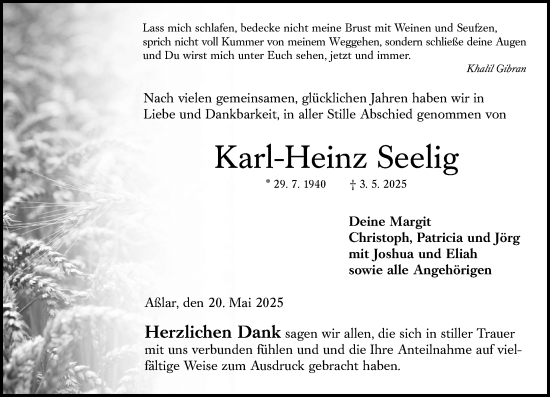 Traueranzeige von Karl-Heinz Seelig von Wetzlarer Neue Zeitung