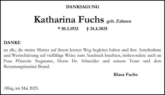 Traueranzeige von Katharina Fuchs von Allgemeine Zeitung Alzey