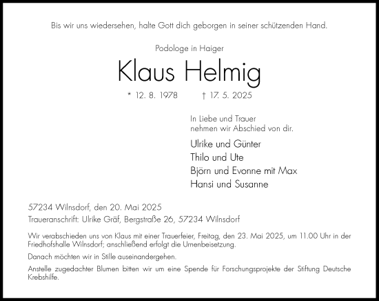 Traueranzeige von Klaus Helmig von Dill Block