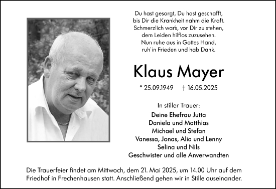 Traueranzeige von Klaus Mayer von Hinterländer Anzeiger