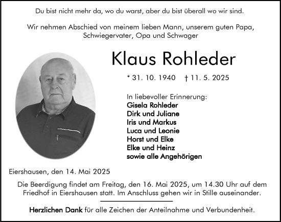 Traueranzeige von Klaus Rohleder von Dill Block