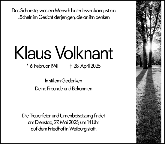 Traueranzeige von Klaus Volknant von Weilburger Tageblatt