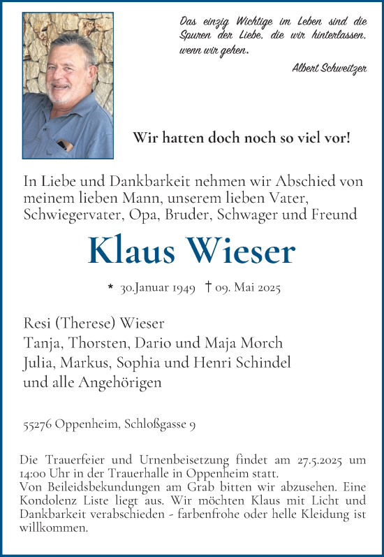 Traueranzeige von Klaus Wieser von Allgemeine Zeitung Mainz