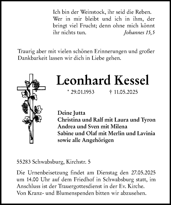 Traueranzeige von Leonhard Kessel von Allgemeine Zeitung Mainz