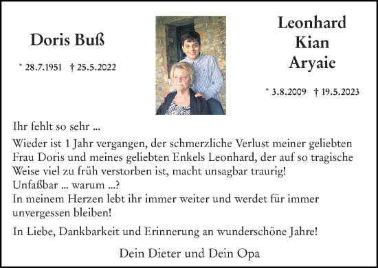 Traueranzeige von Leonhard Kian Aryaie von Wiesbadener Kurier