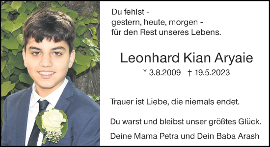 Traueranzeige von Leonhard Kian Aryaie von Wiesbadener Kurier