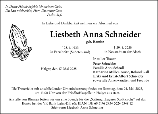 Traueranzeige von Liesbeth Anna Schneider von Dill Block