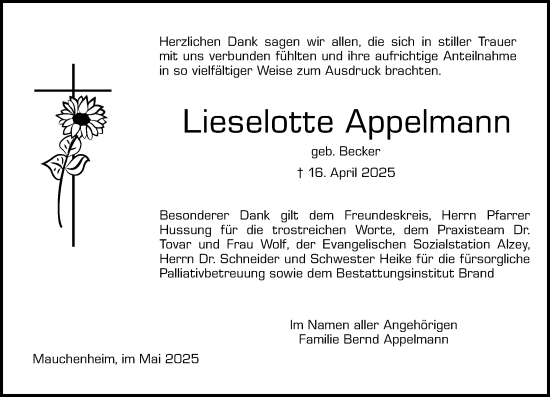 Traueranzeige von Lieselotte Appelmann von Allgemeine Zeitung Alzey