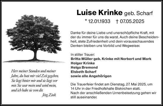 Traueranzeige von Luise Krinke von Wetzlarer Neue Zeitung