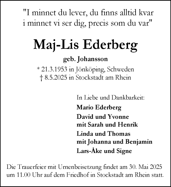Traueranzeige von Maj-Lis Ederberg von Groß-Gerauer Echo