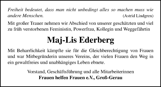 Traueranzeige von Maj-Lis Ederberg von Rüsselsheimer Echo