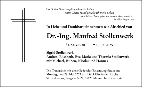 Traueranzeige von Manfred Stollenwerk von Allgemeine Zeitung Mainz