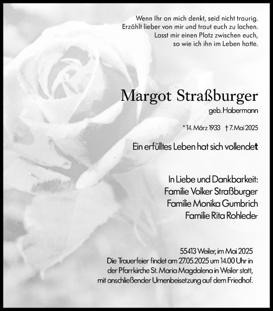 Traueranzeige von Margot Straßburger von Allgemeine Zeitung Rheinhessen-Nahe
