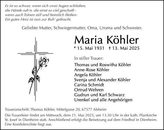 Traueranzeige von Maria Köhler von Allgemeine Zeitung Mainz