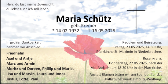 Traueranzeige von Maria Schütz von Camberger Anzeiger