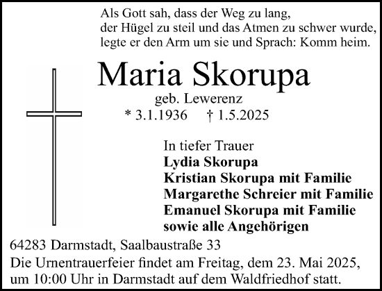Traueranzeige von Maria Skorupa von Darmstädter Echo