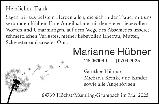 Traueranzeige von Marianne Hübner von Odenwälder Echo