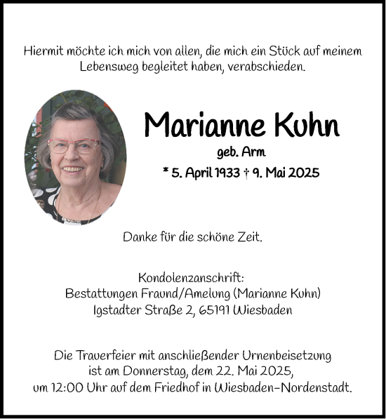 Traueranzeige von Marianne Kuhn von Wiesbadener Kurier