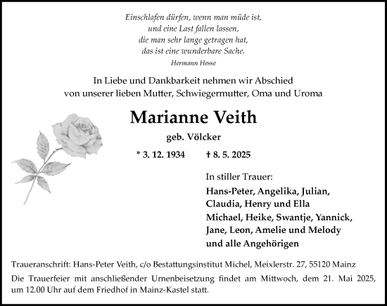 Traueranzeige von Marianne Veith von Allgemeine Zeitung Mainz