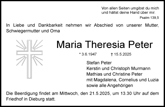 Traueranzeige von Maria Theresia Peter von Dieburger Anzeiger/Groß-Zimmerner Lokal-Anzeiger