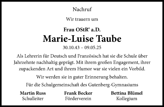 Traueranzeige von Marie-Luise Taube von Allgemeine Zeitung Mainz